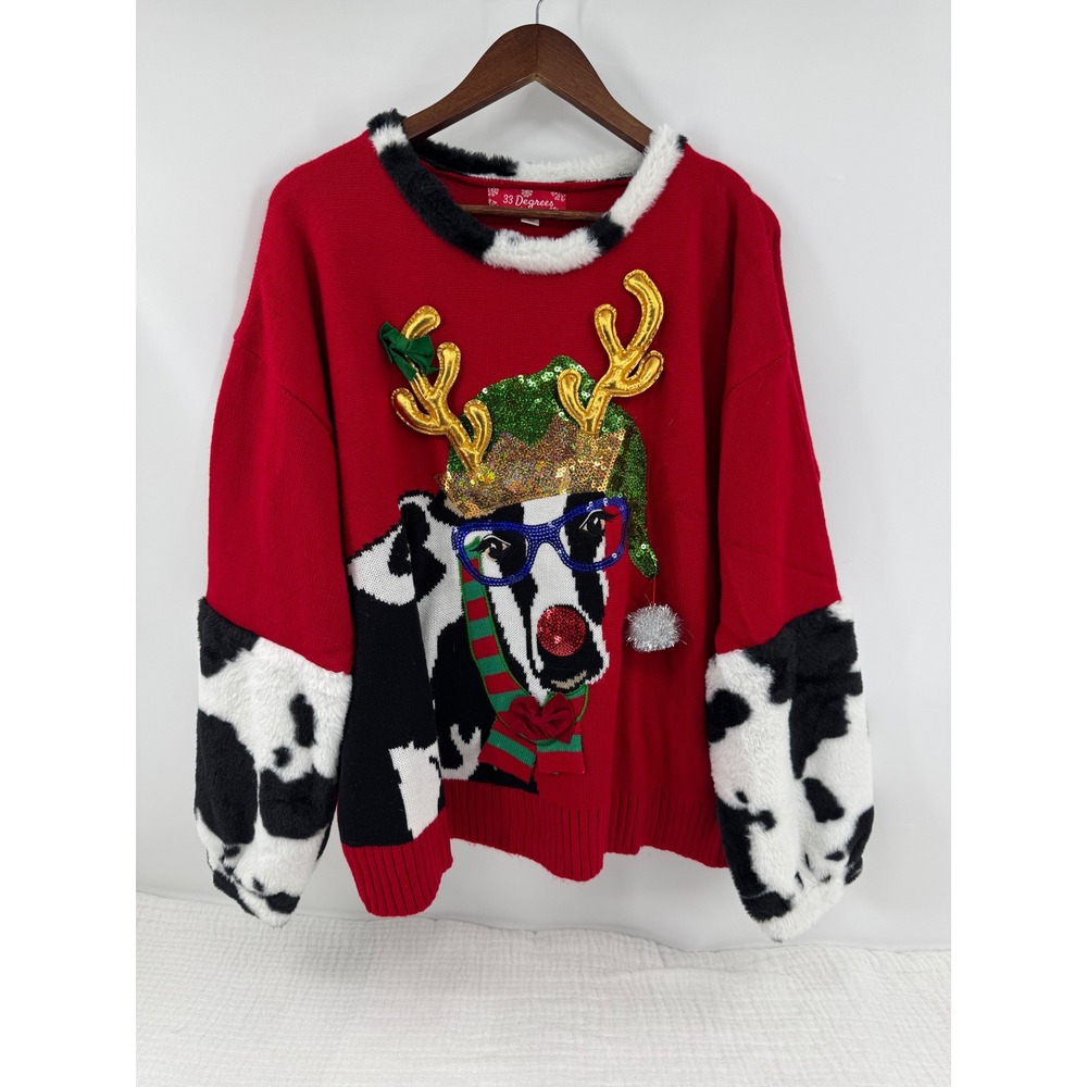 33 Degrees Ugly Christmas Sweater XL Red Cow Reindeer Sequin Faux Fur Trim